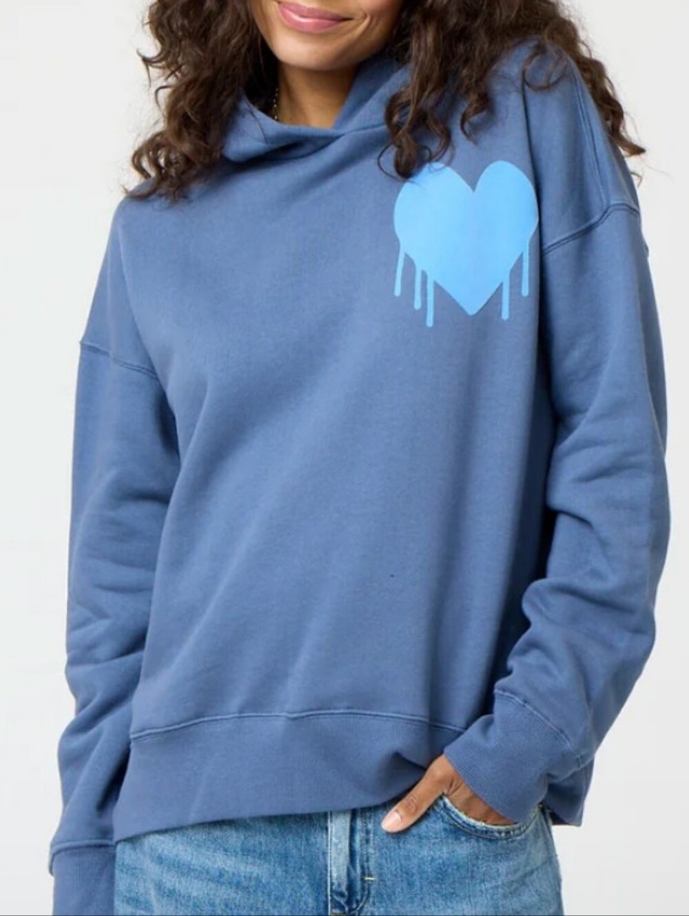 Kerri Rosenthal Boyfriend Pullover with Velvet Drip Heart Graphic In Slate Blue